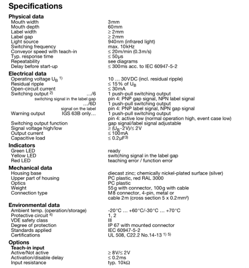 槽型紙標(biāo)簽檢測(cè)傳感器GS63系列參數(shù)